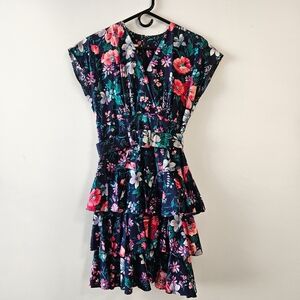 Vintage Floral Tiered Belted Knee Length Cap Sleeve Dress